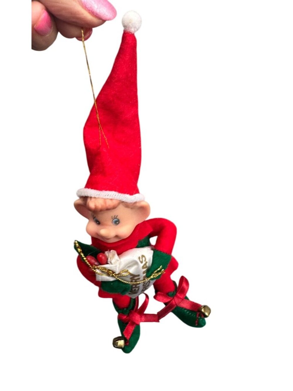Vintage Knee Hugger Elf Ornament Red Green Jingle Bells Merry Christmas 6" - Picture 6 of 6